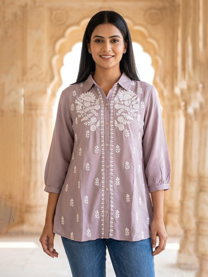 Lavender Embroidered Cotton Blend Straight Kurta