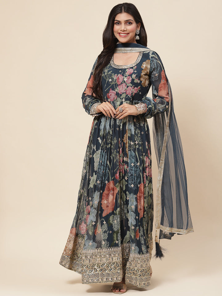 Printed Georgette Kurta With Pants &amp; Dupatta