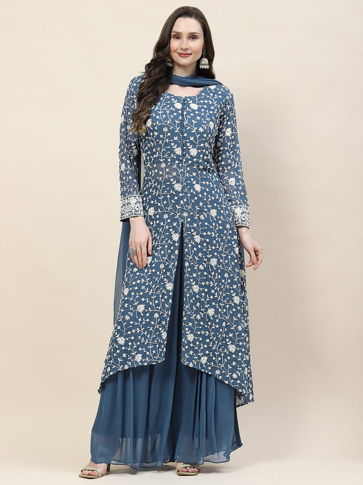Resham Embroidery Georgette Kurta With Sharara &amp; Dupatta