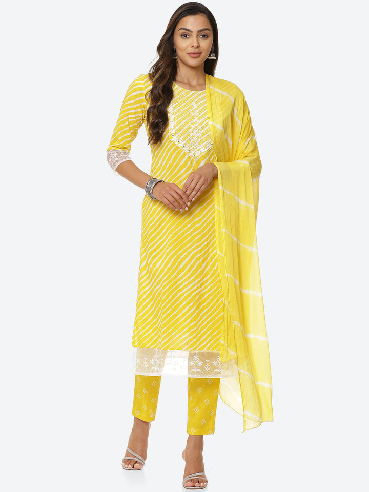 Printed Cotton Kurta With Pant &amp; Chiffon Dupatta