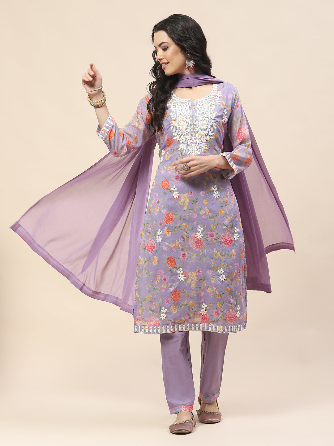 Printed Cotton Kurta With Pants &amp; Dupatta