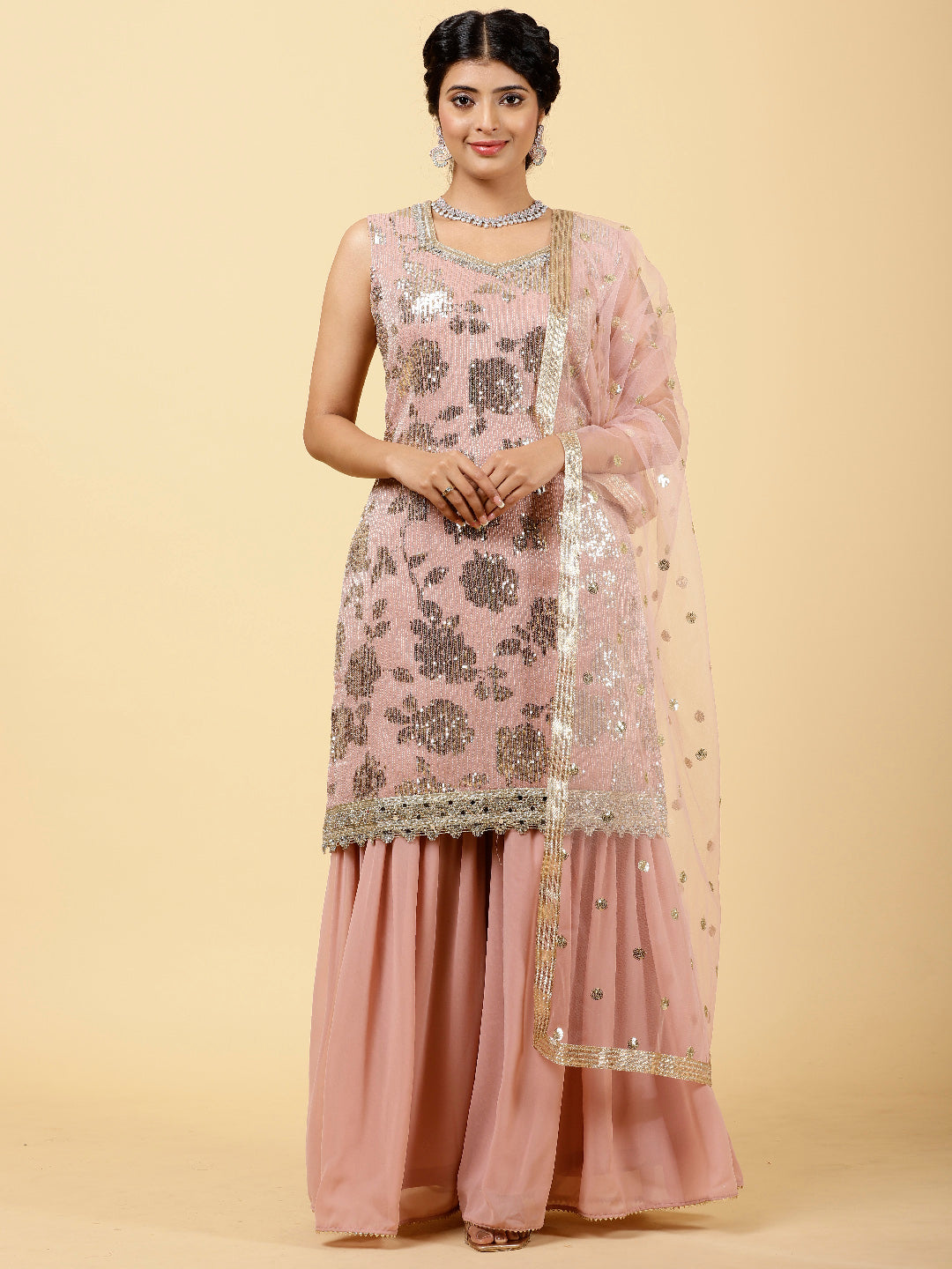 Sequin Georgette Kurta With Garara &amp; Dupatta