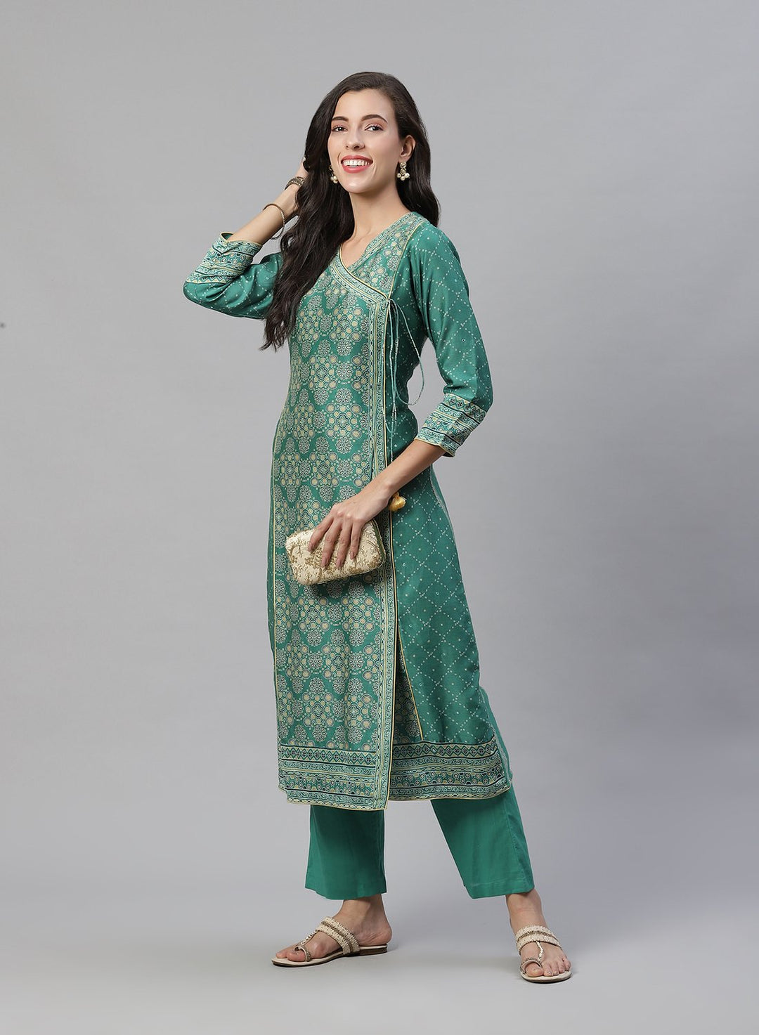 Printed Cotton Angrakha Kurti With Pant