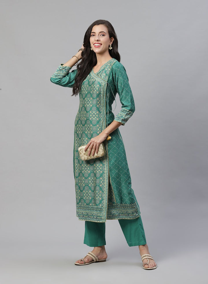 Printed Cotton Angrakha Kurti With Pant