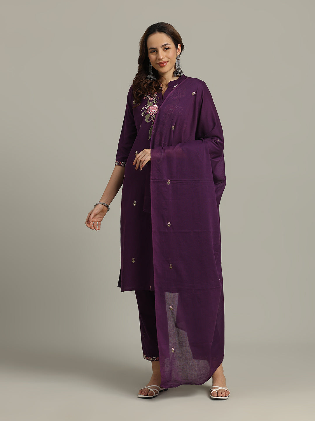 Resham Embroidered Cotton Kurta With Pants &amp; Dupatta