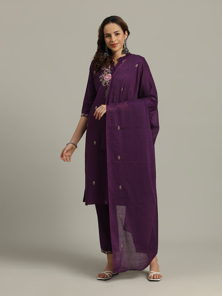 Resham Embroidered Cotton Kurta With Pants &amp; Dupatta