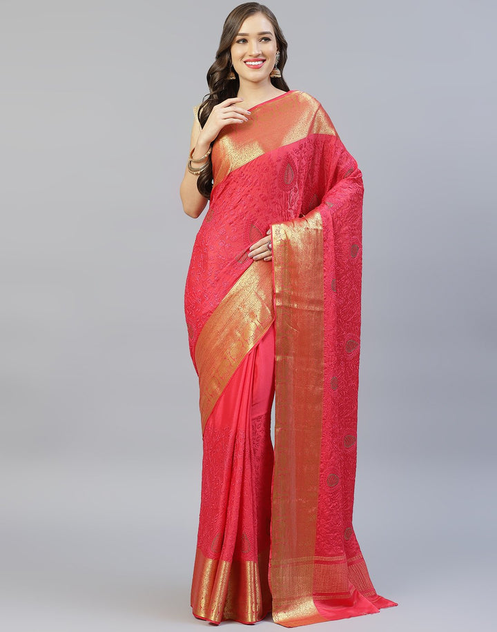 All Over Thread Work Semi Crepe Saree With Zari Border