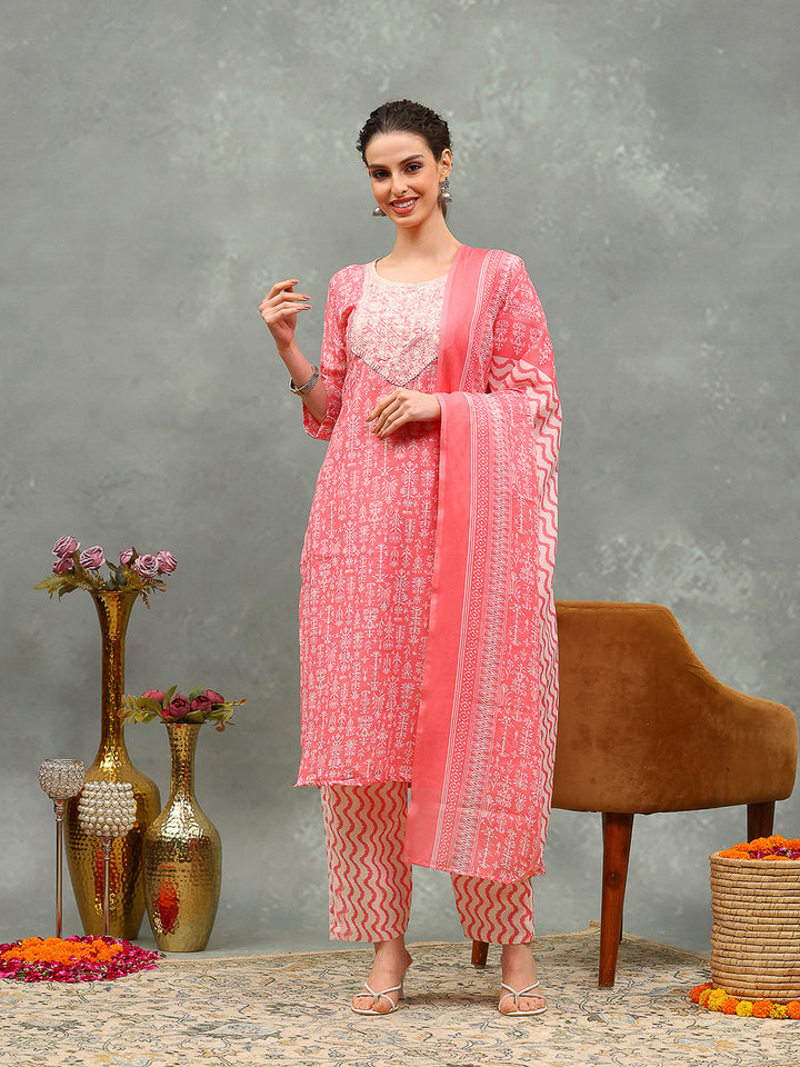 Printed Cotton Blend Kurta With Pants &amp; Dupatta