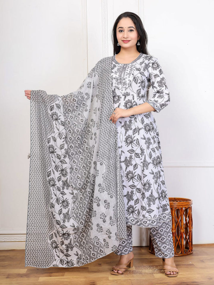 Grey Embroidered Cotton Blend Straight Suit Set With Dupatta