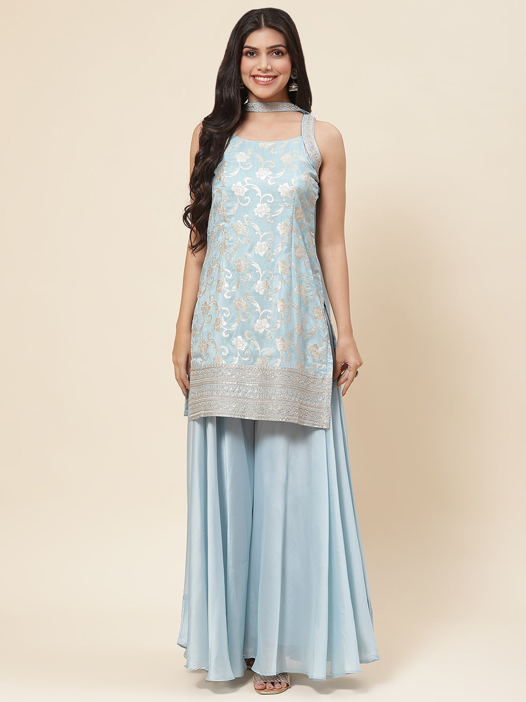 Floral Woven Georgette Kurta With Sharara &amp; Dupatta