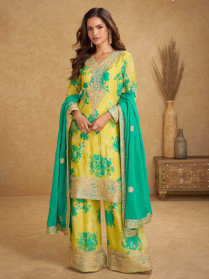 Embroidered Chinon Kurta With Plazzo &amp; Dupatta