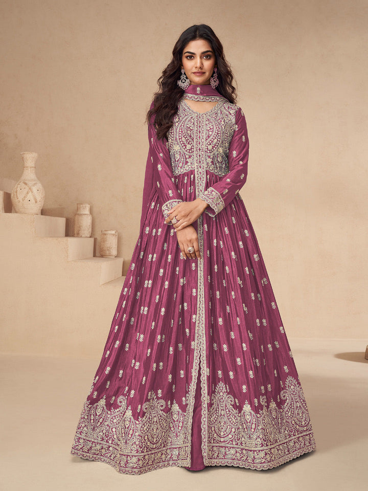 Embroidered Chinon Silk Gown With Plazzo &amp; Dupatta