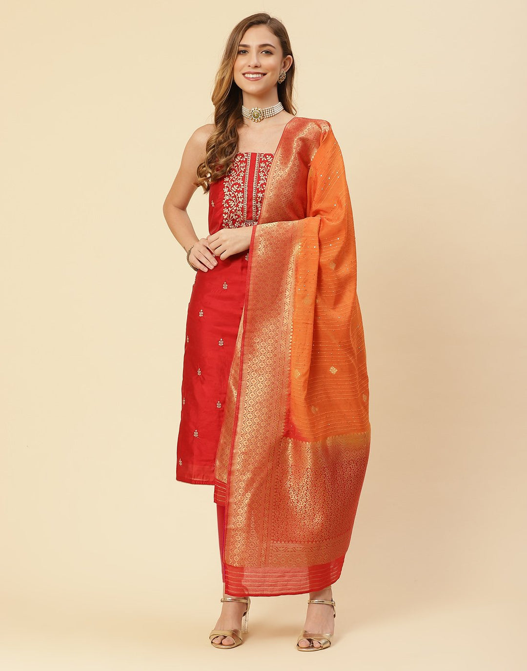 Embroidered Chanderi Suit Piece With Chanderi Banarasi Dupatta