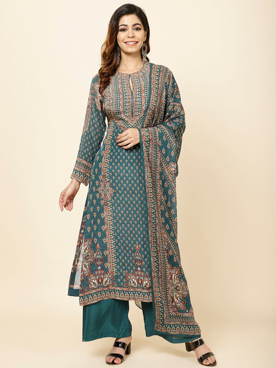 Digitally Printed Crepe Kurta With Palazzo &amp; Dupatta