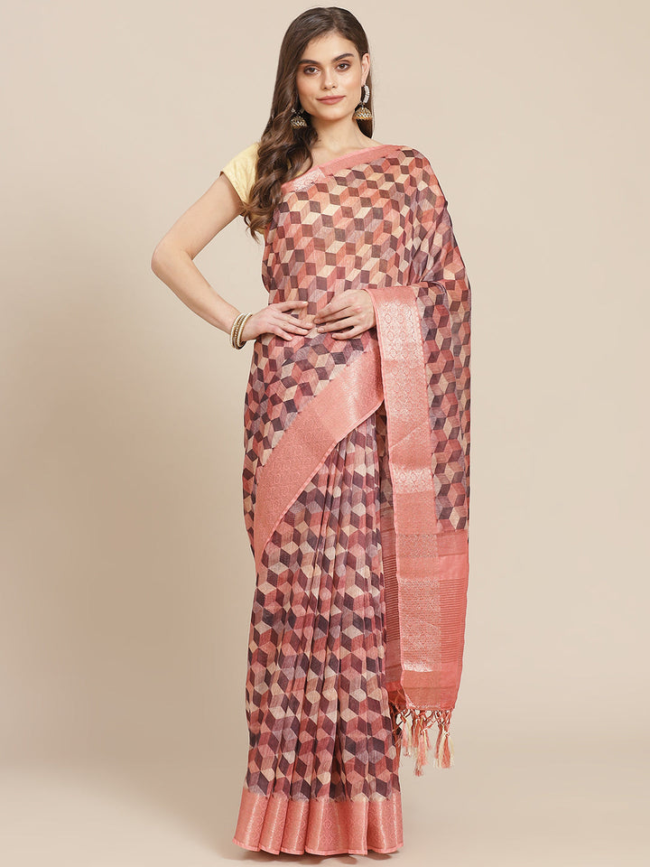 Abstract Printed Banarasi Pallu Cotton Woven Saree