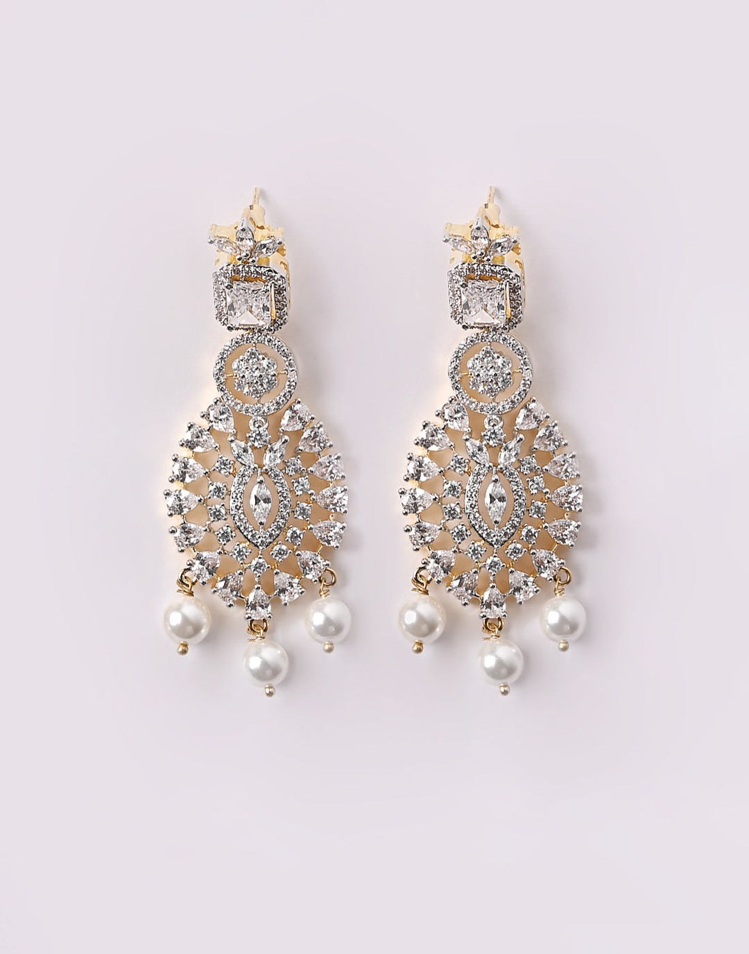 Gold Plated Earrings Embellished With Diamond Stone And Pearls