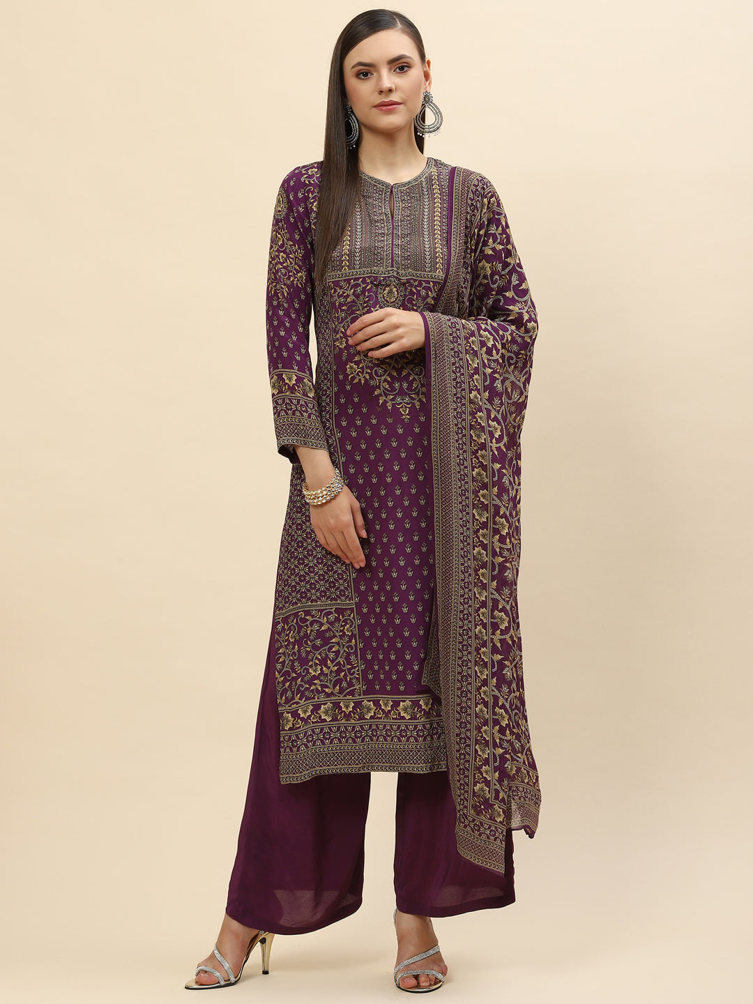 Floral Digital Printed Crepe Kurta With Palazzo &amp; Dupatta