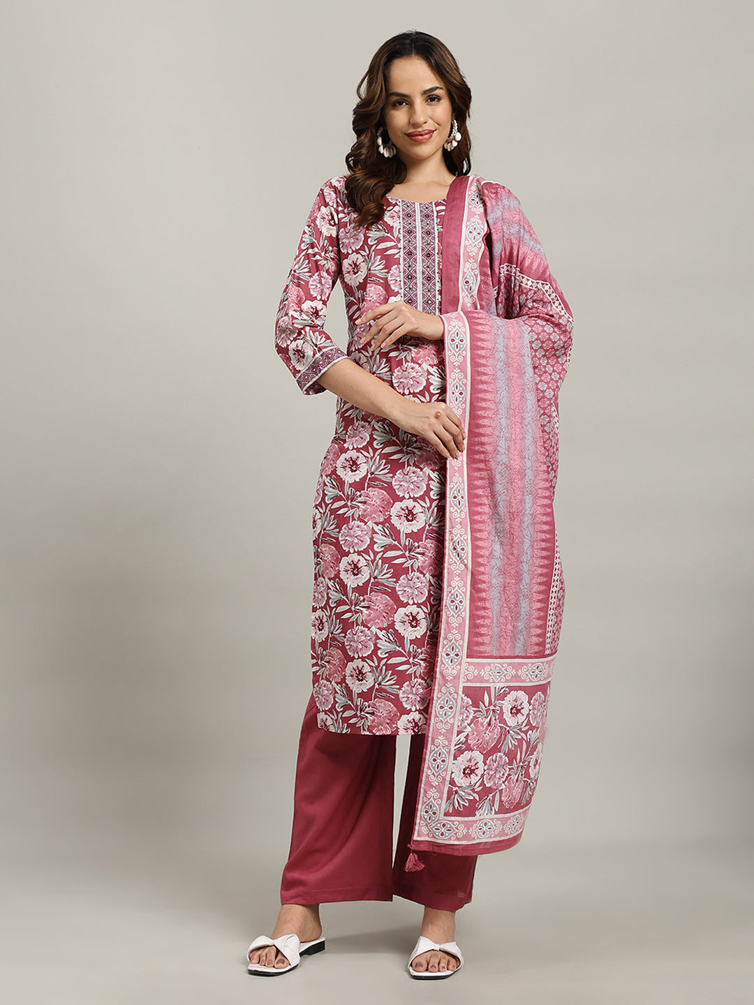 Floral Parinted Cotton Blend Kurta With Pants &amp; Dupatta