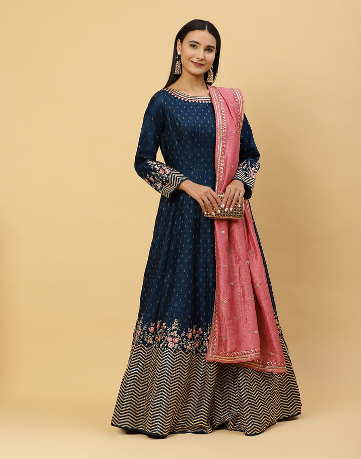 Embroidered Handloom Dupion Anarkali Salwar Kameez Stitched Suit With Art Silk Dupatta