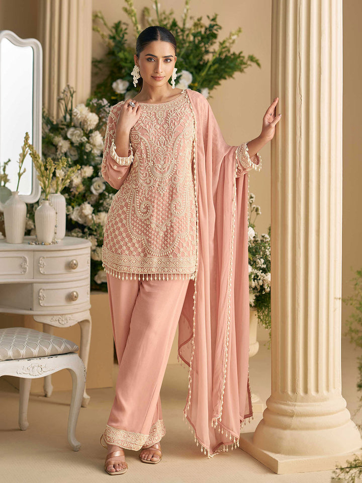Embroidered Georgatte Kurti With Pant &amp; Dupatta