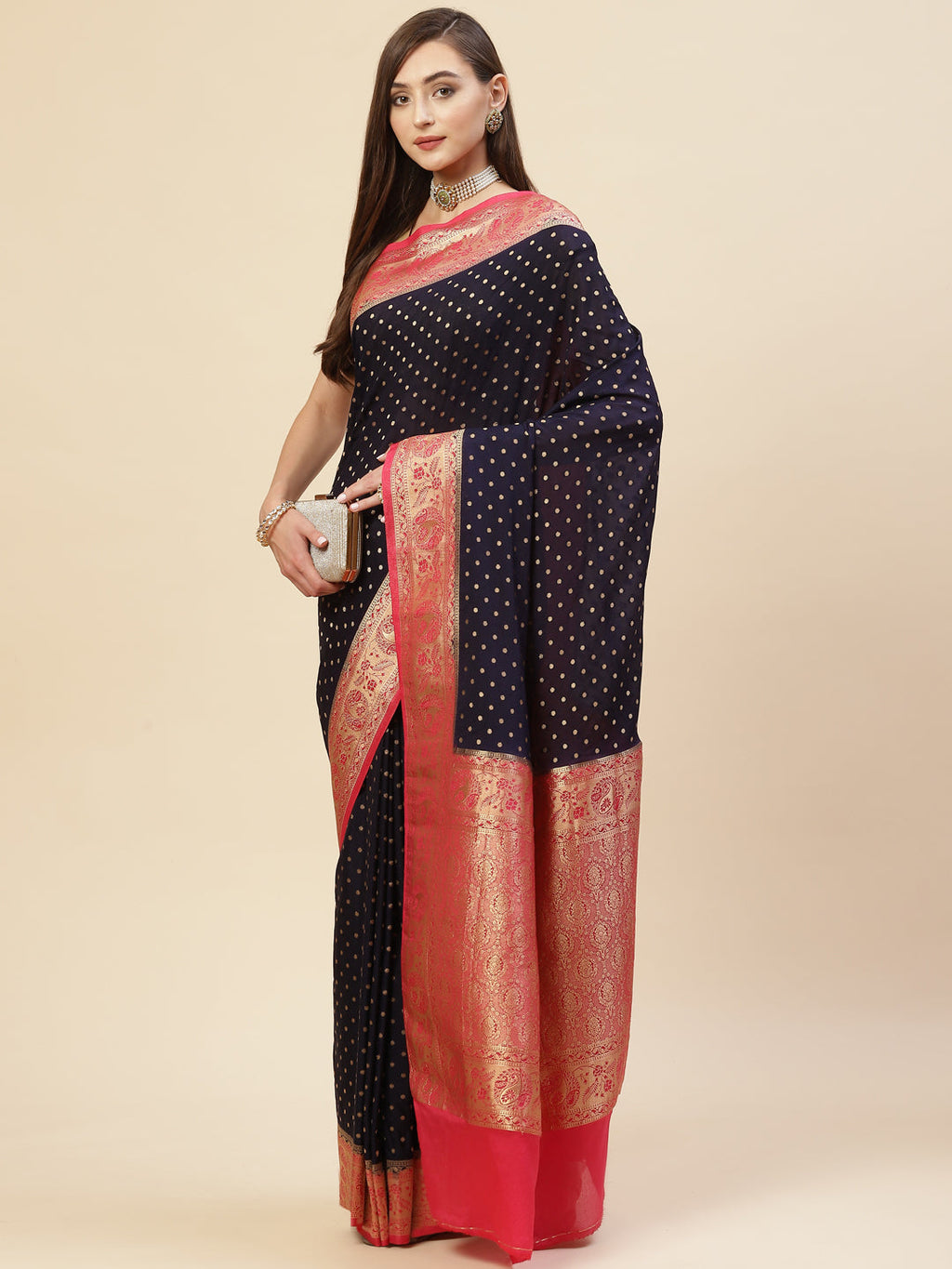 Zari Border Booti Georgette Plain Saree
