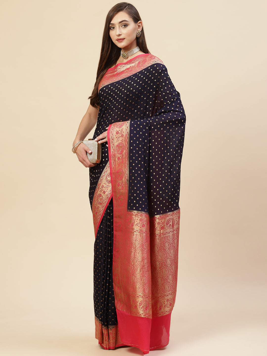 Zari Border Booti Georgette Plain Saree