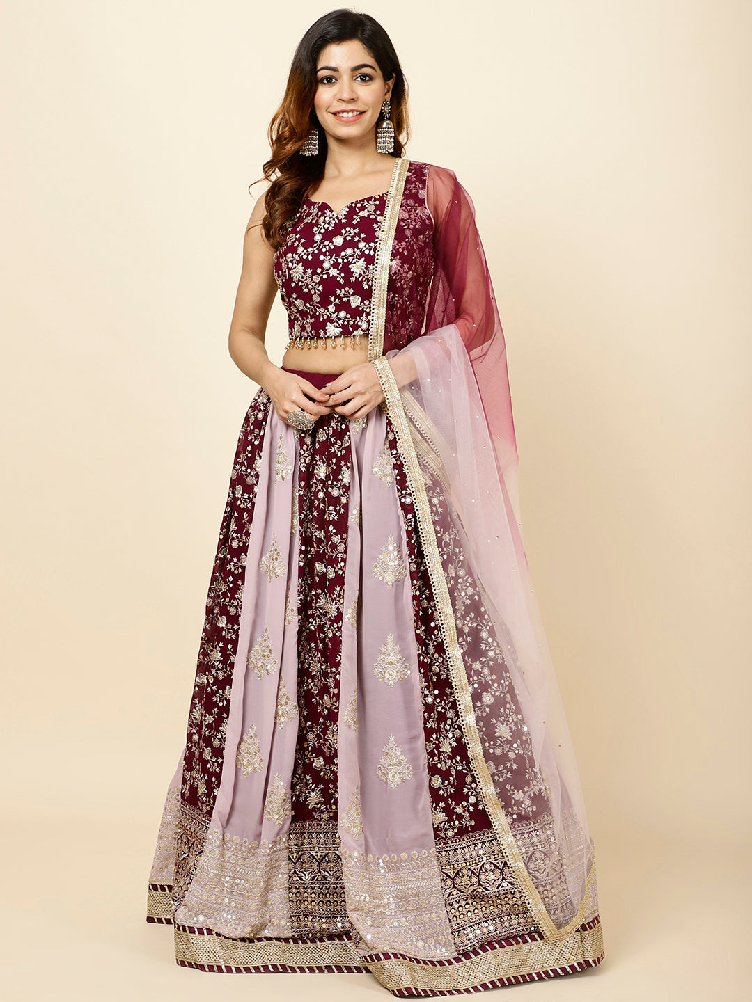 Zari Embroidered Georgette Choli With Lehenga &amp; Dupatta
