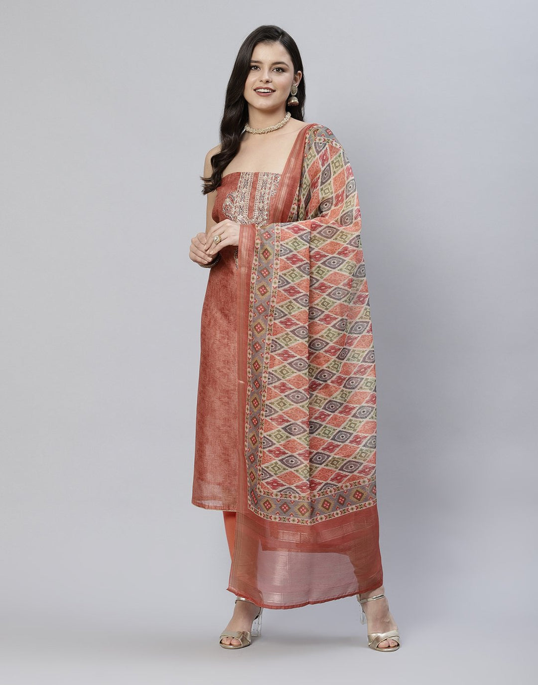 Chanderi Suit Piece With Embroidered Yoke