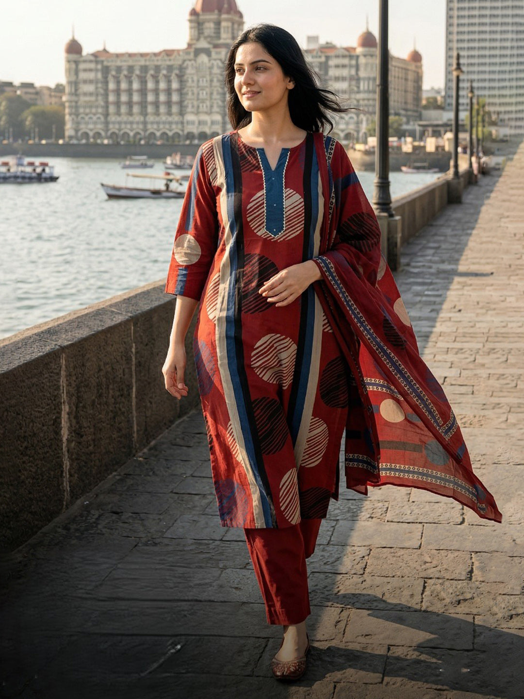 Red Embroidered Cotton Blend Straight Suit Set With Dupatta