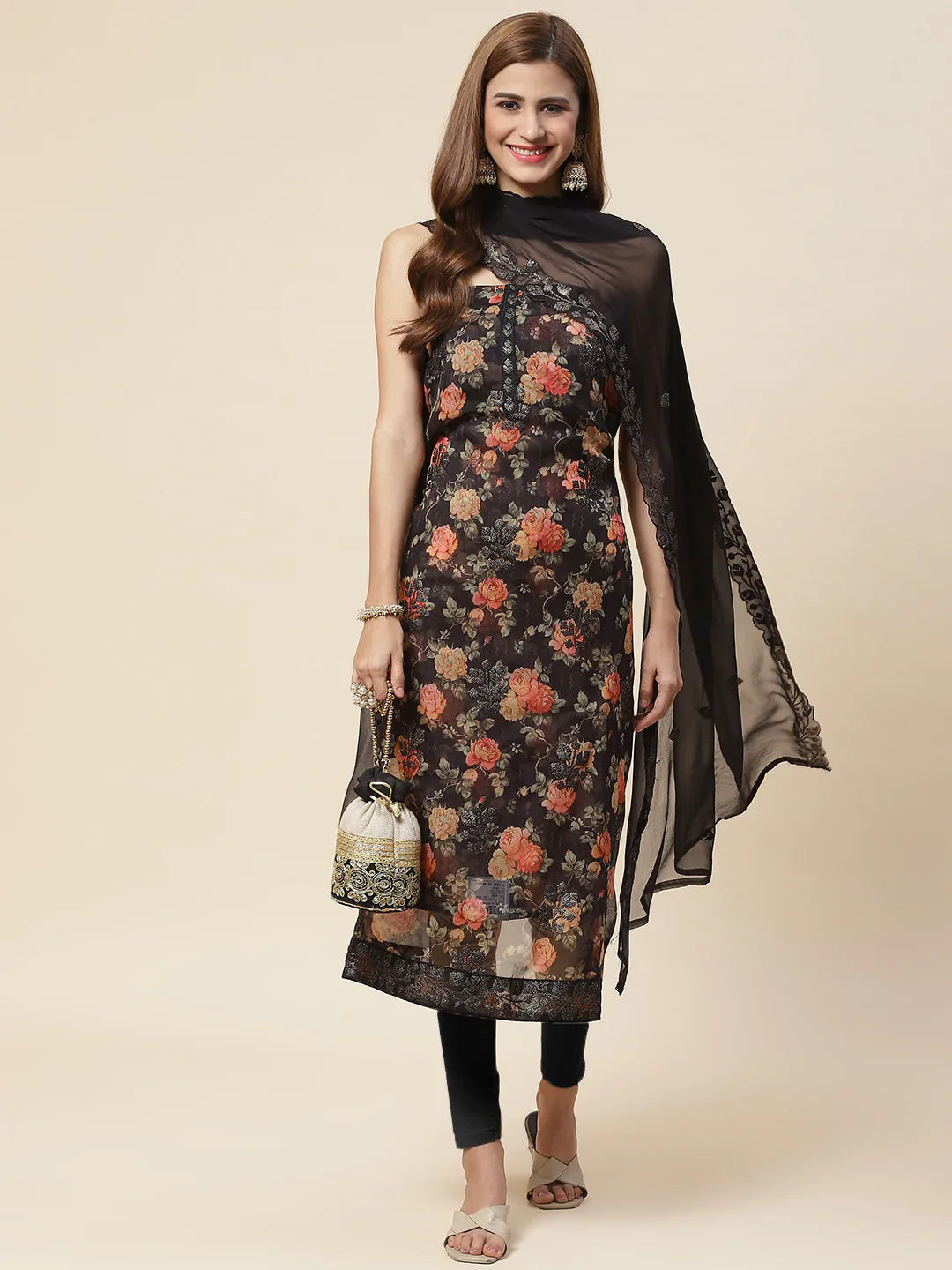 Digital Floral Printed Crepe Unstitched Suit Piece With Dupatta