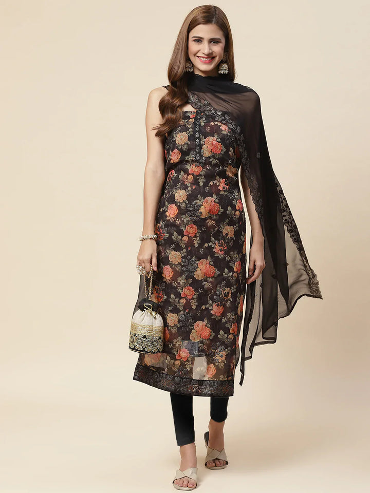 Digital Floral Printed Crepe Unstitched Suit Piece With Dupatta