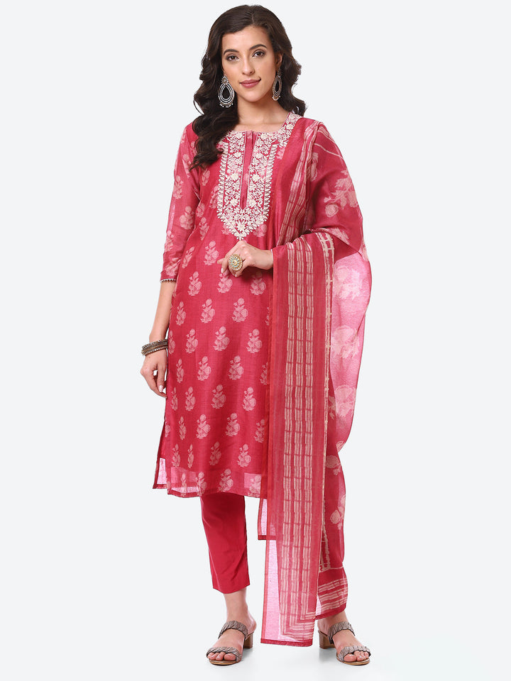 Floral Printed Embroidered Kurta With Pant &amp; Dupatta