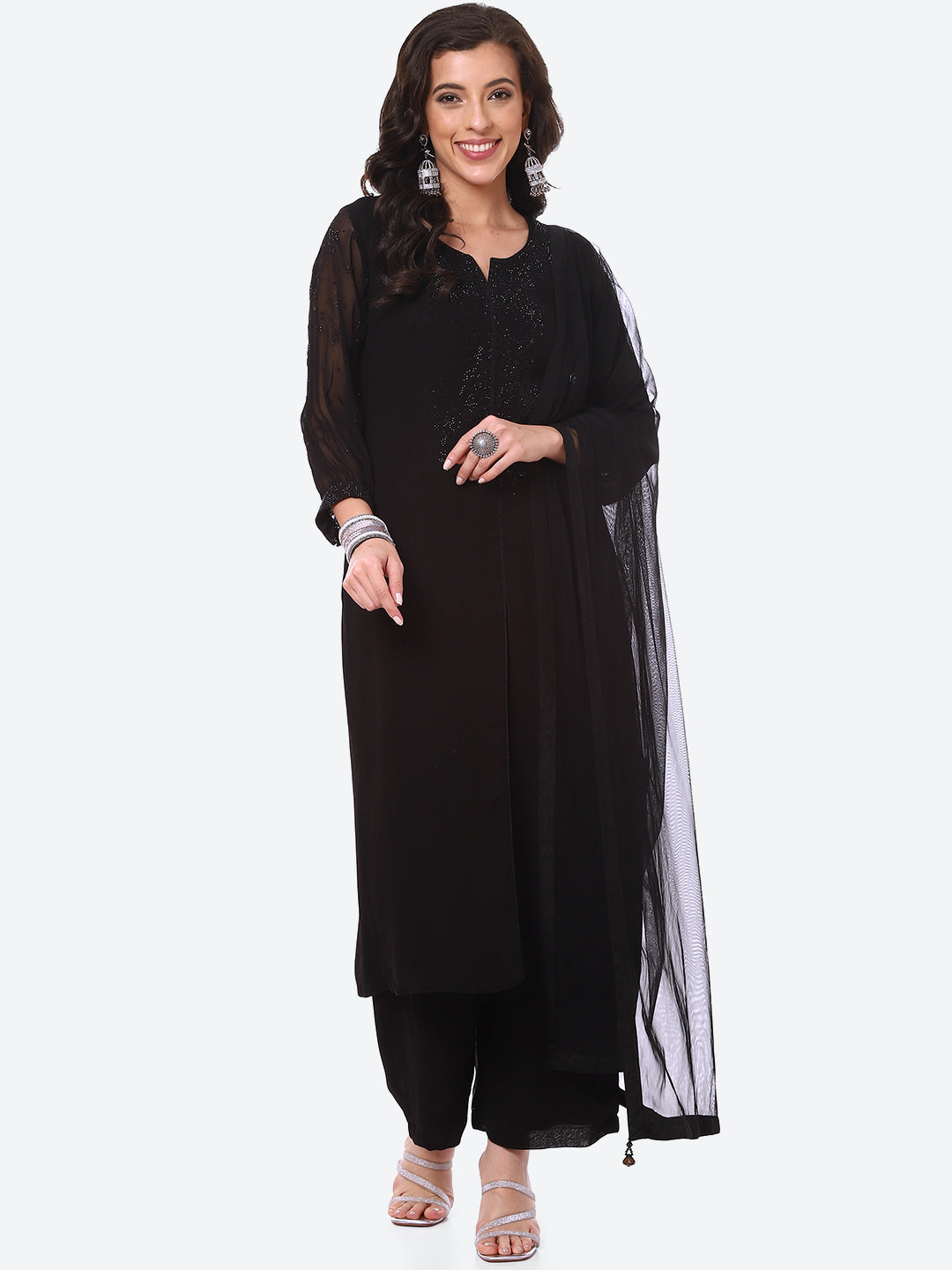 Stone Work Georgette Kurta With Palazzo With Dupatta