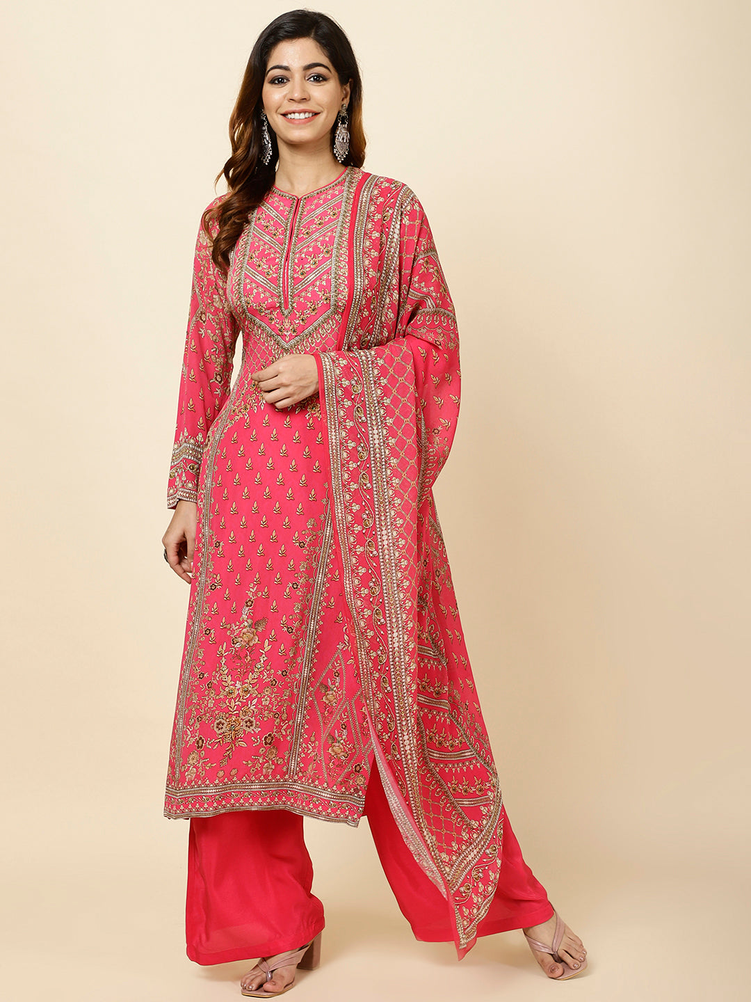 Floral Digital Print Crepe Kurta With Palazzo &amp; Dupatta