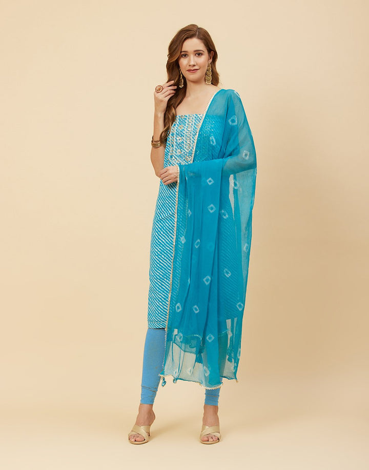 Embroidered Cotton Suit Piece With Chiffon Dupatta