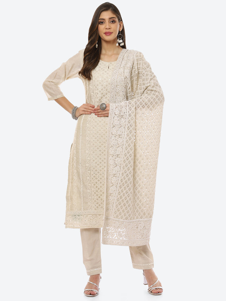Resham Neck Booti Chanderi kurta With Pant &amp; Dupatta