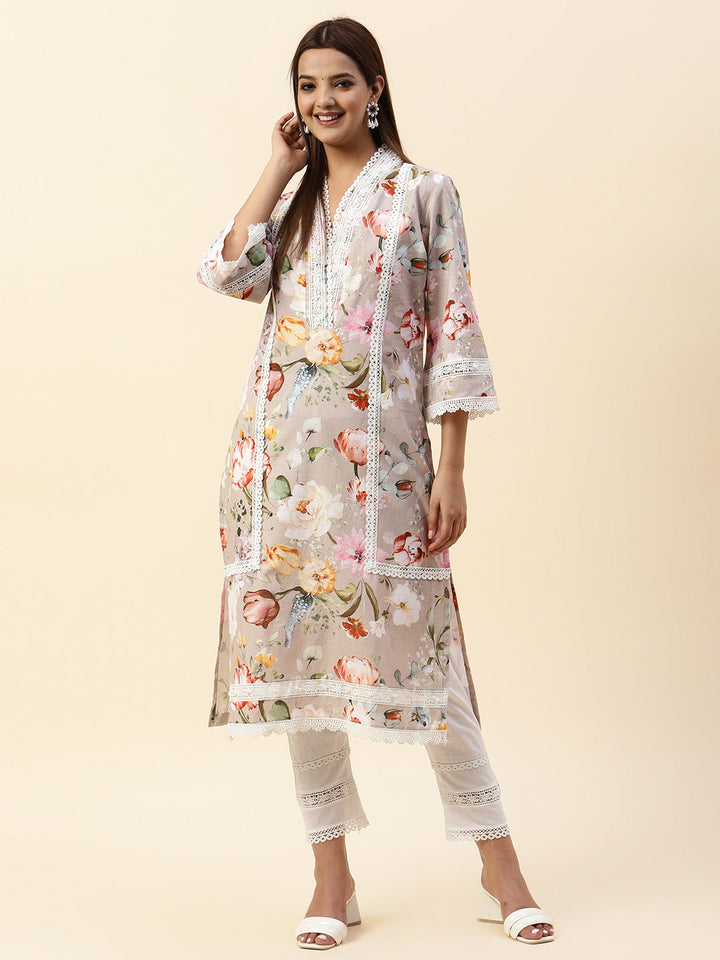 Floral Printed Cotton Kurta With Pants