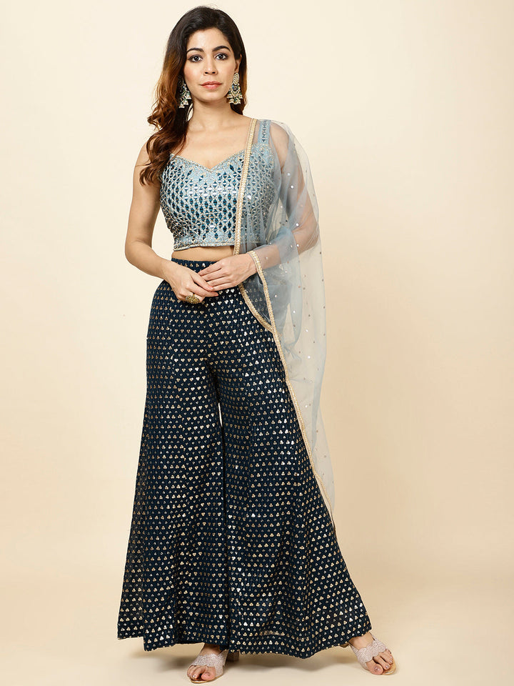 Mirror Work Embroidered Georgette Crop Top With Sharara &amp; Dupatta