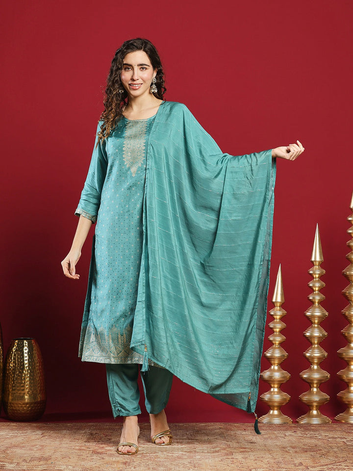 Embroidered Cotton Kurta With Pant &amp; Dupatta