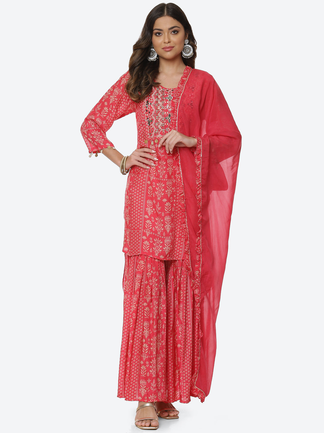 Gota Neck Booti Cotton Kurta With Garara &amp; Dupatta