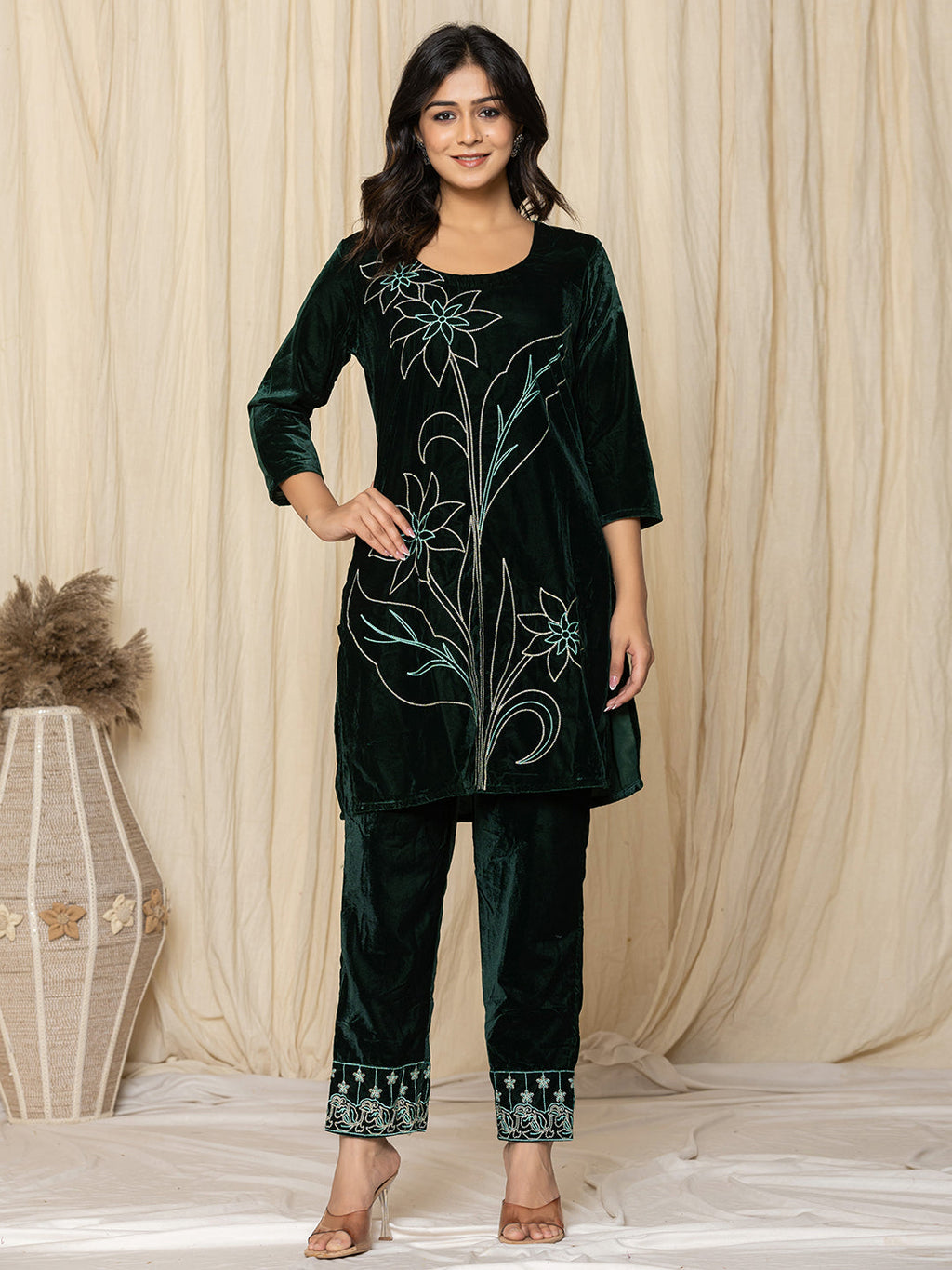 Bottle Green Velvet Floral Embroidered Kurta with Straight Pants