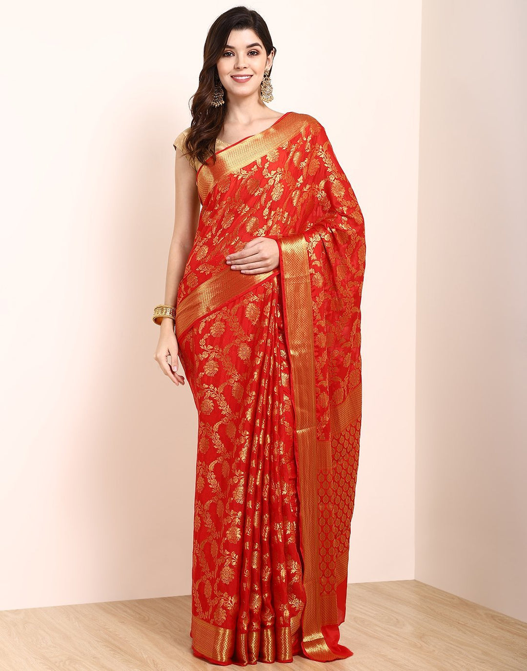 MBZ Meena Bazaar-Red Art Crepe Saree