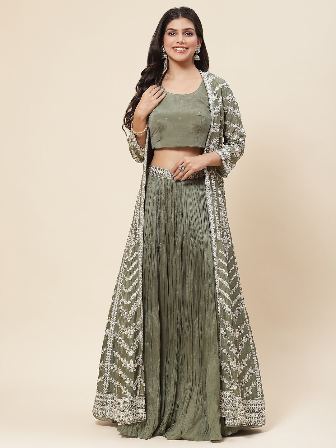 Resham Embroidered Crepe Choli With Lehenga &amp; Jacket