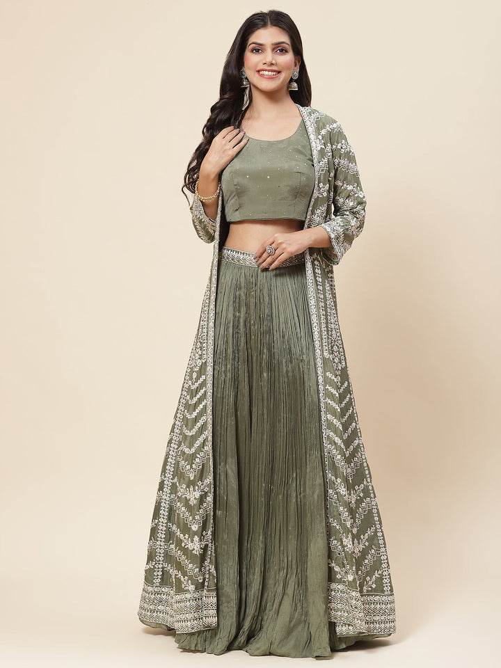 Resham Embroidered Crepe Choli With Lehenga &amp; Jacket