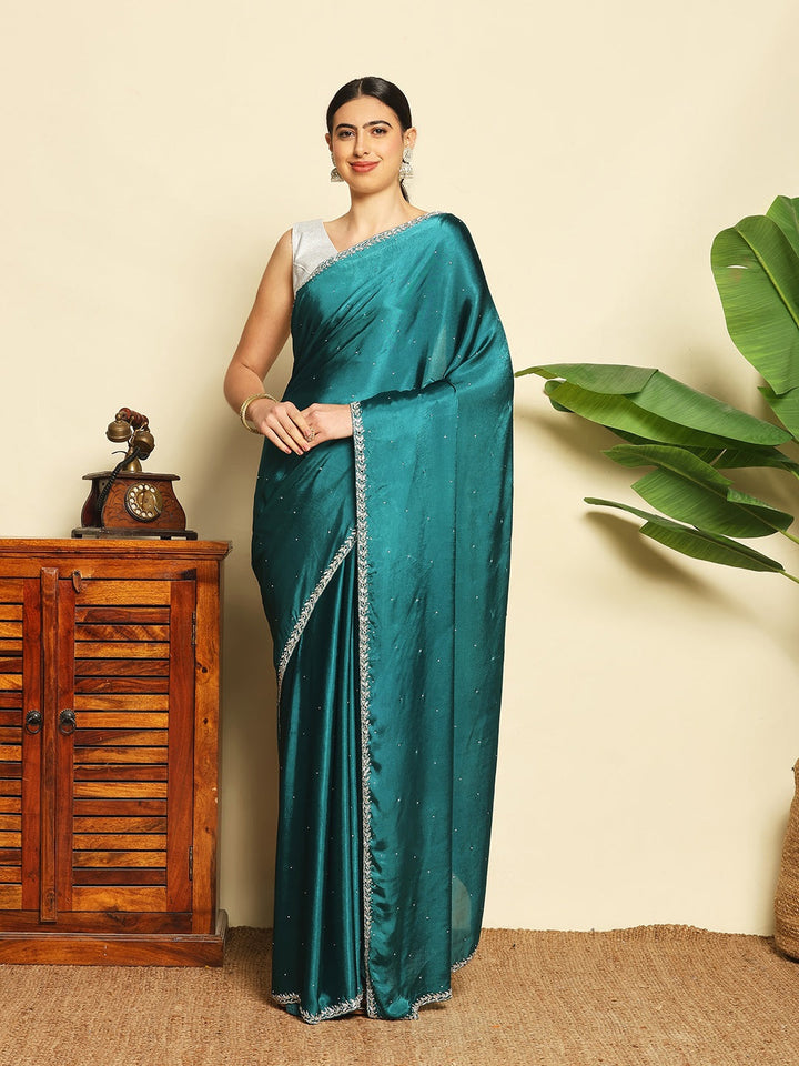 Stone &amp; Mirror Embellished Chinon Saree