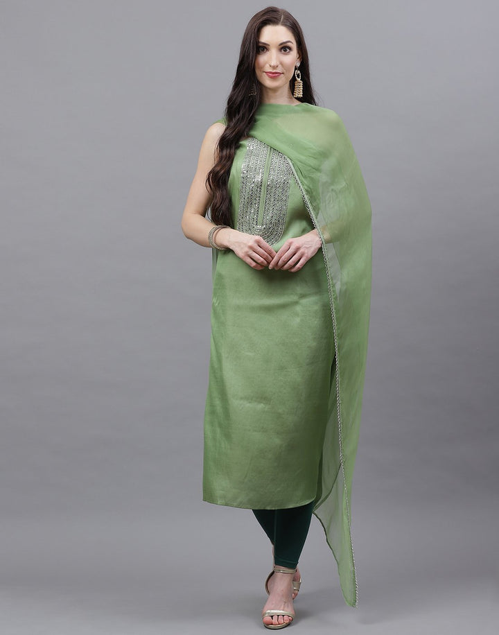 Embroidered Art Handloom Dupion Suit Piece With Chiffon Dupatta