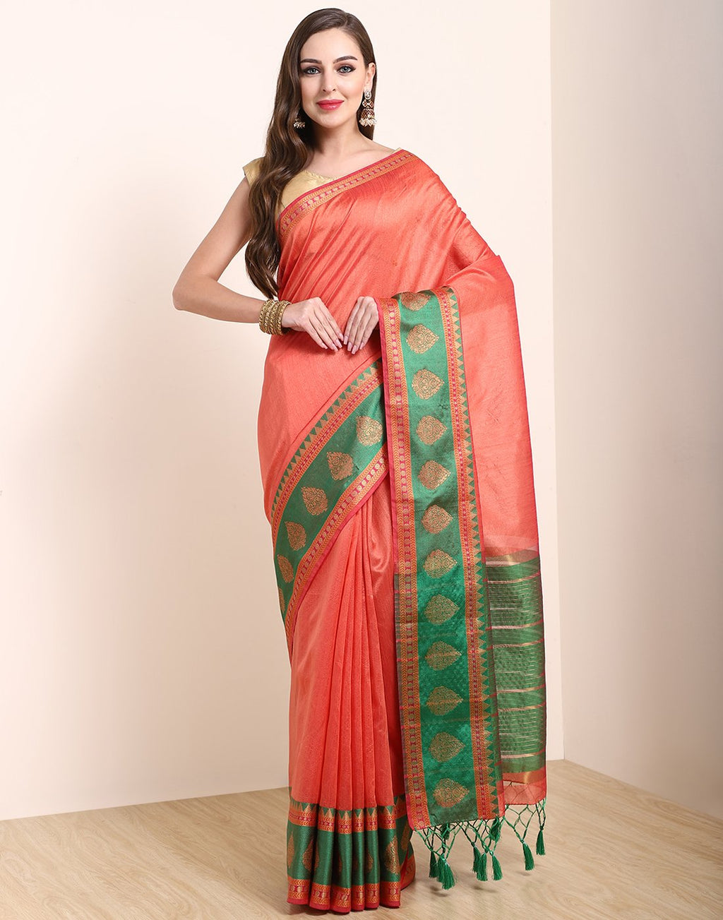 MBZ Meena Bazaar-Peach Art Handloom Saree