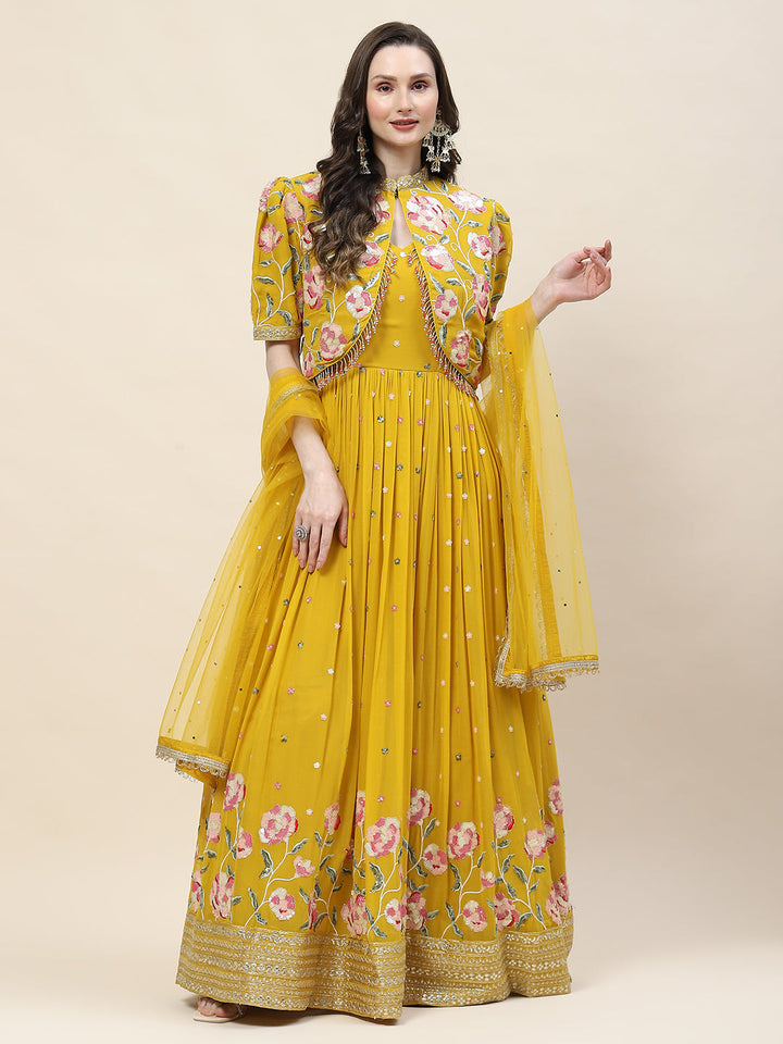 Floral Sequin Embroidery Georgette Kurta With Jacket &amp; Dupatta