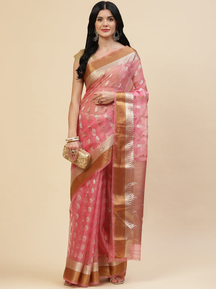 Antique Booti Organza Plain Saree