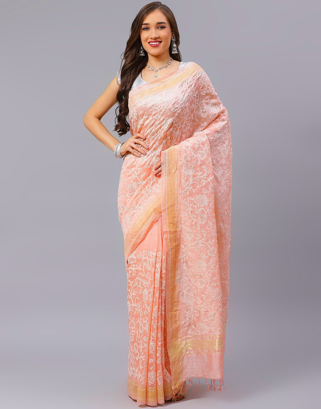 Embroidery Firozee and Grey Saree